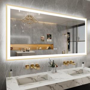 72x36 Inch LED Bthroom Mirror with Gold Frame
Gold Metal Frame, Front and Backlit, 3 Colors, Dimmable, Memory, Anti Fog, Tempered Glass, Lighted Mirror for Wall