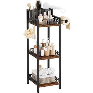 Bathroom Storage and Organizer Shelf Hair Dryer Holder, 9.85in 3-Tier Narrow Metal Standing Rack with Toilet Paper Holder, Corner Stand for Cosmetic, Vanity, Kitchen, Laundry Rustic Brown