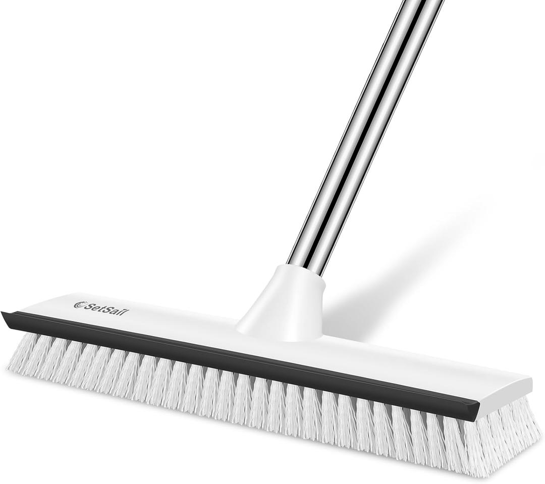 SetSail Upgraded Large 12 in Wide Floor Scrub Brush with 51-Inch Long Adjustable Handle 2 in 1 Scrape Brush Stiff Bristle Floor Scrubber for Cleaning Shower Bathroom Garage Kitchen Wall Deck Tub Tile (Black White)