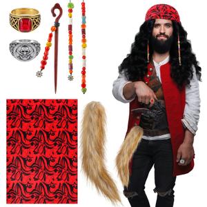 Tondiamo 6 Pcs Halloween Pirate Costume Accessories Pirate Hair Beads Rings Red Scarf Fox Tail for Halloween Dress up Supply