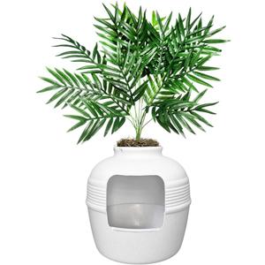 Good Pet Stuff Hidden Cat Litter Box Enclosure with Artificial Plant, Decorative Round Planter, Removable Tray, Charcoal Filter Odor Control, Easy-to-Clean, Made in USA, Essentials Kit, White