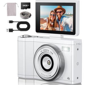 4K Digital Camera for Photography 64GB Sd Card 64MP Autofocus Anti-Shake Vlogging Camera for YouTube with 3" 180Hd Flip Screen 18x Digital Zoom 2000 mah Battery (White)