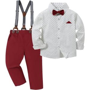 DISAUR Boy Suits Boys Wedding Outfit Dress Shirt with Bowtie/Suspender Pants for Formal Occasion 6-10 Years (Wine Red, 6-7 years old)