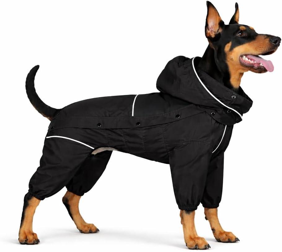 LOVELONGLONG Fleece-Lined Dog Raincoat with Removable Hood  Waterproof Winter Full Body Dog Jacket  Windproof Snowproof Cold-Weather Suit  Black-F 4XL (4XL (Back 23.5"))