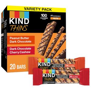 KIND Thins Snack Bars, 2 Flavor Variety Pack, Gluten Free, 100 Calorie, 60 Count, Peanut Butter Dark Chocolate & Dark Chocolate Cherry Cashew (EXP 06/13/26)