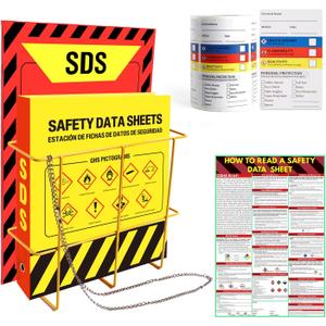 Lontcs MSDS SDS Binder and Wall Station Set,Yellow Heavy Duty 3 Inch Material Safety Data Sheet 3 Ring Binder with SDS Wire Rack and Display Sign,Chain,Safety Posters,MSDS Labels,Binder Wall Mount