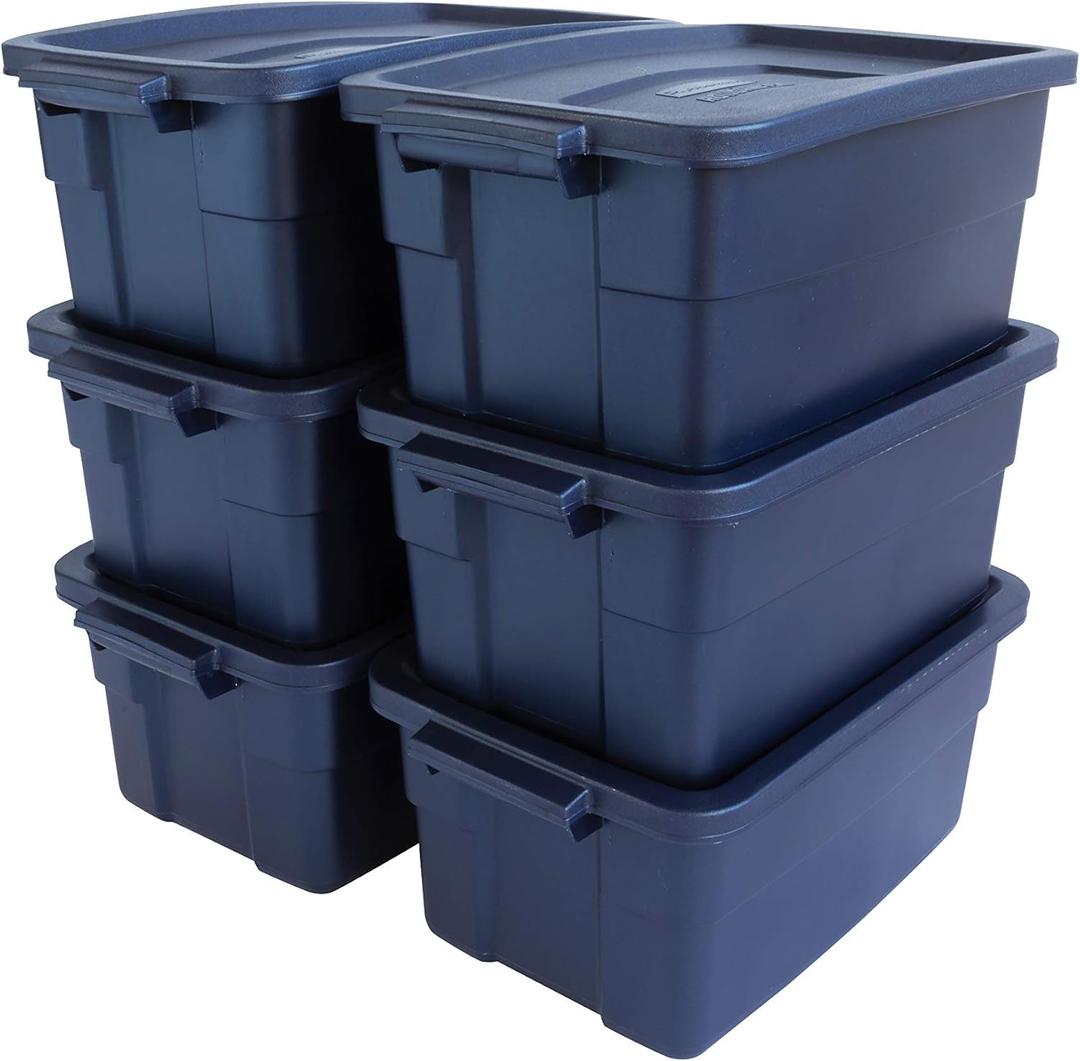Rubbermaid Roughneck Tote 3 Gal, 6 Pack, Made in USA, Dark Indigo Metallic, Rugged Plastic Stackable Storage Bins with Lids and Handles