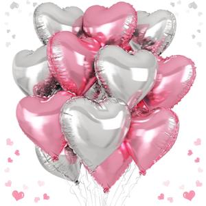 Pink Silver Heart Balloons, 18 Inch Pearl Pink and Silver Heart Shape Balloons, 12PCS Helium Love Foil Balloon for Birthday Baby Shower Engagement Wedding Party Decorations