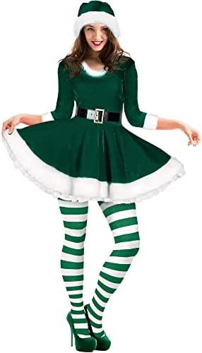Geyoga Women's Santa Claus Costume Set Velvet Dress with Belt Women's Xmas Striped Tights Santa Hat Set Dress Cosplay, Size XL