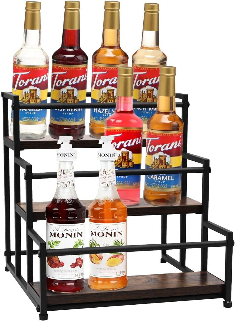 Coffee Syrup Rack - 3-Tier 12 Syrup Bottles Holder - Bottle Display Shelf - Kitchen Cabinet Organizer for Jars, Condiments - Wooden Countertop Organizer for Seasonings, Tea, or Coffee