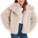 Flygo Girls Faux Fur Coat Kids Fluffy Long Sleeve Lapel Collar Open Front Jacket Warm Winter Shaggy Outwear with Pockets (Medium, Beige)