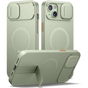 SURITCH for iPhone 14 Plus/15 Plus Case with Magnetic Camera Slide Cover and Adjustable Kickstand, Compatible with MagSafe, Shockproof Bumper Case Slim Protective Cover 6.7 Inch, Green