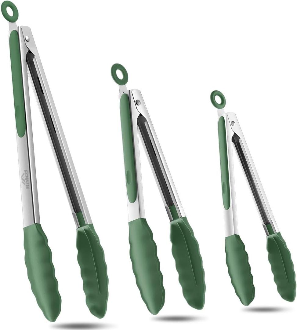 600F Heat Resistant Kitchen Tongs, Premium Locking Cooking Tongs with Silicone Tips, Non-Slip Food Tongs for Cooking, Non-Stick, Heavy Duty Stainless Steel Handle, Set of 3-7" 9" and 12" Turquoise