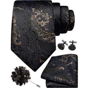 GUSLESON 8cm Paisley Tie Set for Men Necktie Lapel Pin Pocket Square Cufflinks Set for Men (Black)