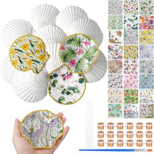 Halloscume 12 Set Scallop Shells for Crafts 4''-5'' White Natural Large Shells with 24 Pcs Decoupage Paper Napkin Acrylic Paint Strips and Brushes DIY Crafts Seashells Ornaments(Vivid Blooms)