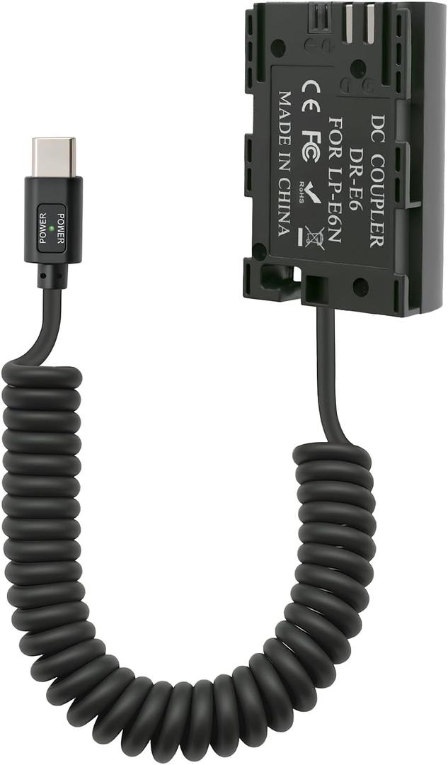 USB-C Type-C PD to LP-E6 Dummy Battery Coiled Power Cable Compatible with Canon EOS R/R5/R6, 90D, 80D, 70D, 60D/60Da, 5D Mark II/III/IV, 5DS/5DS R, 6D/6D II, 7D/7D II, 39