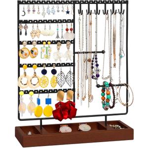 X-cosrack Jewelry Holder Organizer Stand, Jewelry Display with Earring Necklace Bracelet Holder, Earring Organizer and Storage with 132 Holes, Necklace Holder with 12 Hooks, Rustic Black+Brown