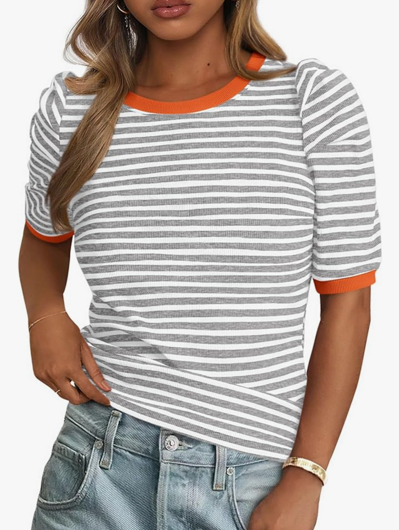 Women's Summer Puff Sleeve Tops Casual Ribbed Knit Crop Top Color Block Trendy Crewneck Striped Shirts M