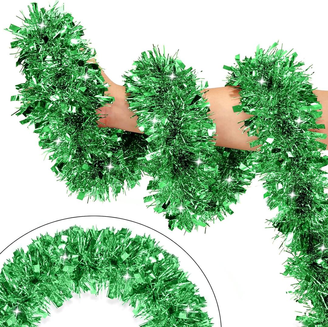 50Ft Christmas Decorations Christmas Garland, Green Christmas Tinsel Garland Metallic Twist Ceiling Hanging for Christmas Tree Party Ornaments Holiday Indoor Supply