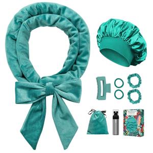 No Heat Overnight Curl Headband, 70" Soft Ribbon Wrap for Long Hair, 9 Pack Hair Curling Rods Set - Blue Green
