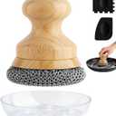 Cast Iron Scrubber and Scraper,Chain Mail Cleaner with Bamboo Handle & Draining Tray,316 Stainless Steel Brush for Cleaning Pots,Pans,Wok,Bakeware,Griddles, Grills,Dishes (Small Chain Mail)
