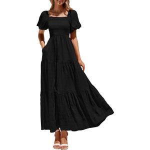 PRETTYGARDEN Womens Summer Puff Short Sleeve Maxi Dress Square Neck Smocked Tiered Ruffle A Line Long Flowy Beach Dresses (Black, Large)