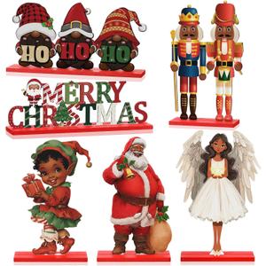Yousoontic 6 Pcs African American Christmas Signs Decorations Wooden Table Topper Centerpiece Table Decor Black Santa Claus Nutcracker Joy Letter Angel Christmas Xmas Holiday Party Gift