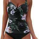 SUUKSESS Women Sexy Twist Push Up Tankini Swimsuit Tummy Control Bathing Suits (Large, 72 Tropical Floral Black)