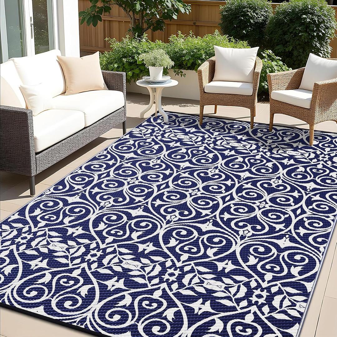OLANLY Outdoor Rug Waterproof 5x8 ft Clearance, Reversible Outdoor Plastic Straw Rug with Floral Pattern, RV Mat for Patio, Camping, Balcony, Deck, Backyard, Navy & White