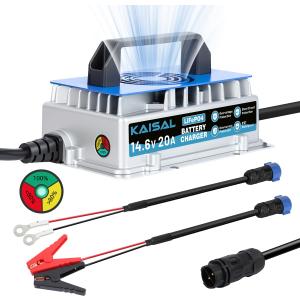 12V 20A Lithium Battery Charger 14.6V LiFePO4 Battery Charger IP67 Waterproof & 0V Wake Up 12 Volt Lithium Charger with 8 Protection for 12.8V LiFePO4 Battery of RV, Marine, Solar, Trolling Motor, Home