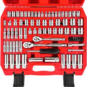 WETT 1/4" and 3/8" Drive Socket Set, 86-Piece Socket Wrench Set with Quick-Release Ratchet, Extention Bar, Adapter, 1/4" Bits, CR-V Steel, Metric/SAE, Deep/Shallow, Mirror Chrome Finish
