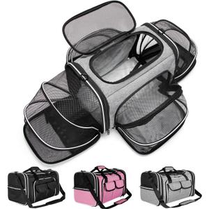 Estarer Soft Sided Pet Carrier Airline Approved, 4 Sides Expandable Collapsible Cat Carrier with Pockets & Removable Fleece Pad, Travel Carrier Bag for Cat Dog & Small Animals (Grey)