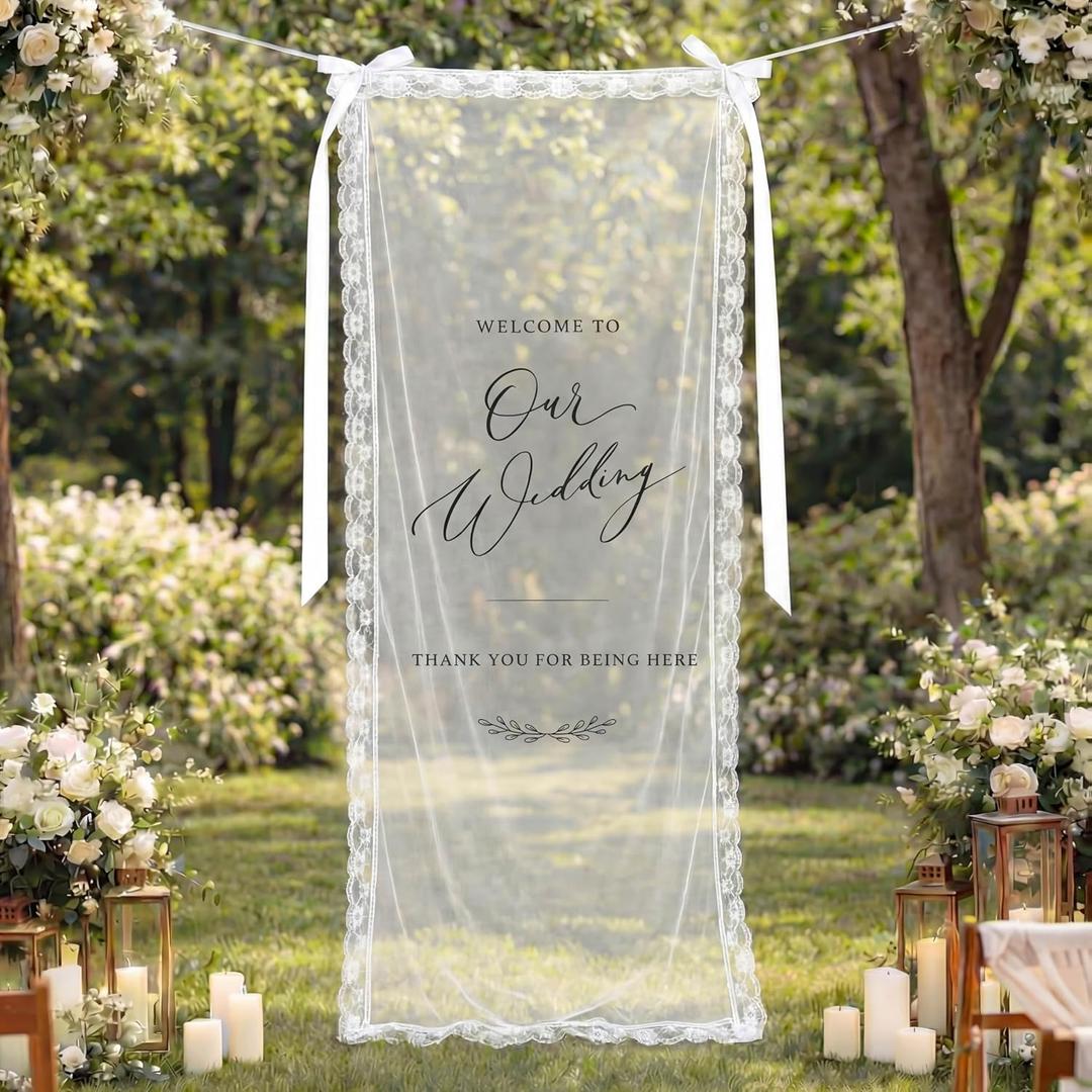 Sheer Wedding Welcome Sign with Lace Edge, Fabric Welcome to Our Wedding Sign with White Satin Ribbon, Boho Ceremony Banner for Bridal Shower Reception Entrance Backdrop Decor