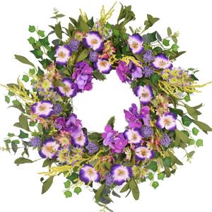 24 Inch Spring Wreaths for Front Door, Summer Door Wreath Outside, Artificial Purple Hydrangea Wreath for Home Wall Indoor Decor