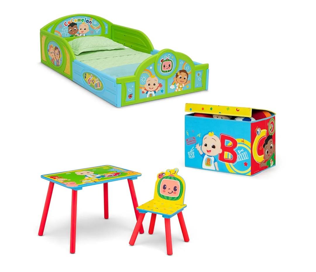 Delta Children - CoComelon 4-Piece Toddler Room-in-a-Box Set – Includes Sleep and Play Toddler Bed, Table, 1 Chair and Fabric Toy Box, Green