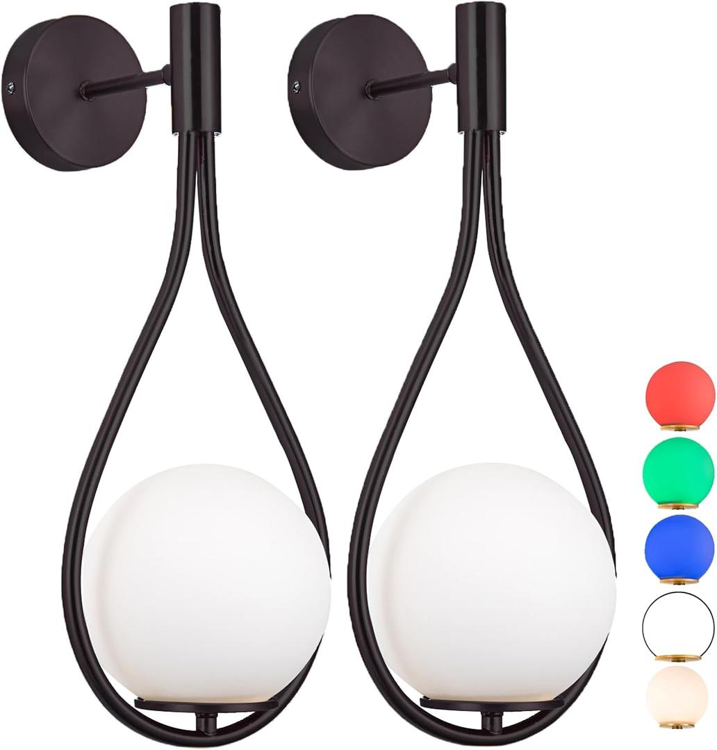 Pack Wall Sconces/Wall Lights, Not Hardwired Brass Gold -White Glass Globe Wall Lamps, Wireless Light Fixture for Bedroom, Living Room, Bathroom, Hallway (Black)