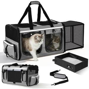 Expandable Extra Large Cat Carrier for 2 Cats, Double Cat Travel Carrier Bag with Litter Box, Foldable Breathable Soft Sided Pet Dog Carrier with Divider for Car Travel, Outdoor & Vet Visit