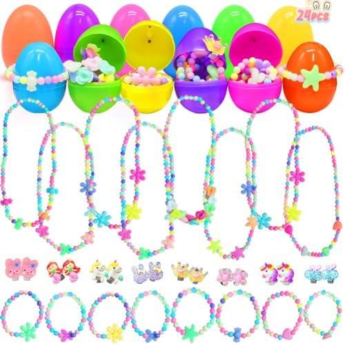 LUKBERA 24Pcs Easter Eggs with Jewelry Toys, Different Designs of Bracelets Necklaces Earrings,Suprise Easter Eggs Jewerly Set for Girls Classroom Exchange Gifts
