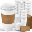 Ginkgo 100 Pack 16 oz Disposable Coffee Cups with Lids and Sleeves Leak-Proof White Paper Cups, Insulated To Go Hot Beverage Cups, Coffee Bar Accessories