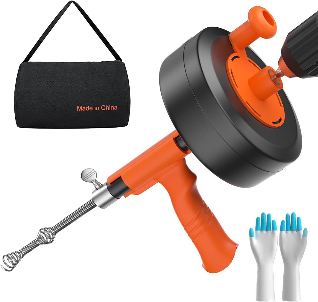 KINGLEV Drain Snake, 50ft Flexible Steel Drain Auger With Drill Adapter, Heavy Duty Sink Plumbing Unblocking Hand Auger, Manual Or Powered for Shower & Bathtub Clogs-No auto retract or feed