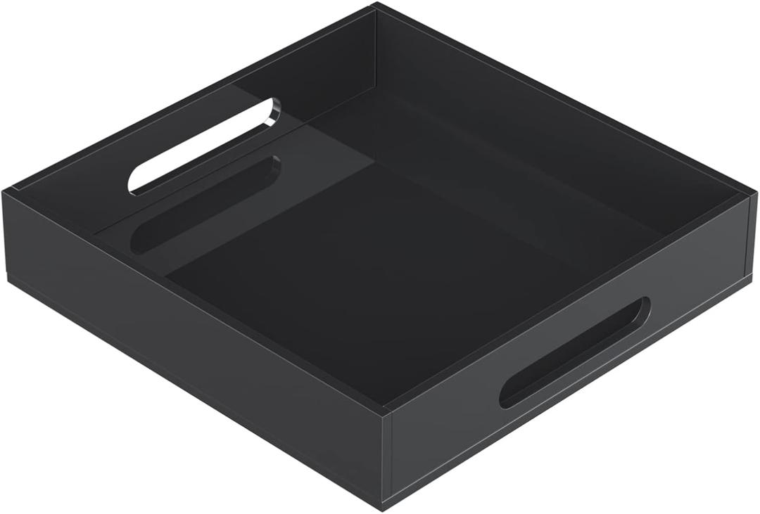 KOTEMON Acrylic Serving Tray with Handles-12x12x2.36Inch-Decorative Tray Letter Tray Organizer for Ottoman Coffee Table Countertop, Black