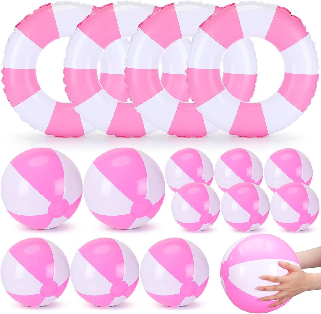 15 Pcs Inflatable Swimming Float Supplies Set, 22.8" Striped Swim Ring & 5.9" 9" 11.8" Beach Ball Summer Family Activities for Pool Beach Party Supplies