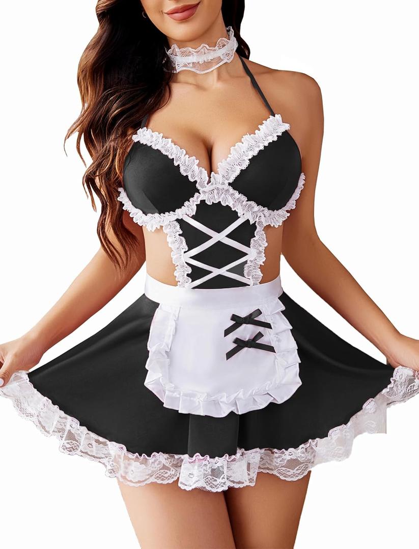 Avidlove Sexy Lingerie for Women Cosplay Lingerie Set Contrast Lace Maid Costume Set Black L