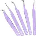 SIVOTE Lash Tweezers for Eyelash Extensions, Pack of 5 Purple  Lash Extension Tweezers Set with Diamond Grip, Precision Fiber Tip for Volume Eyelash Extensions