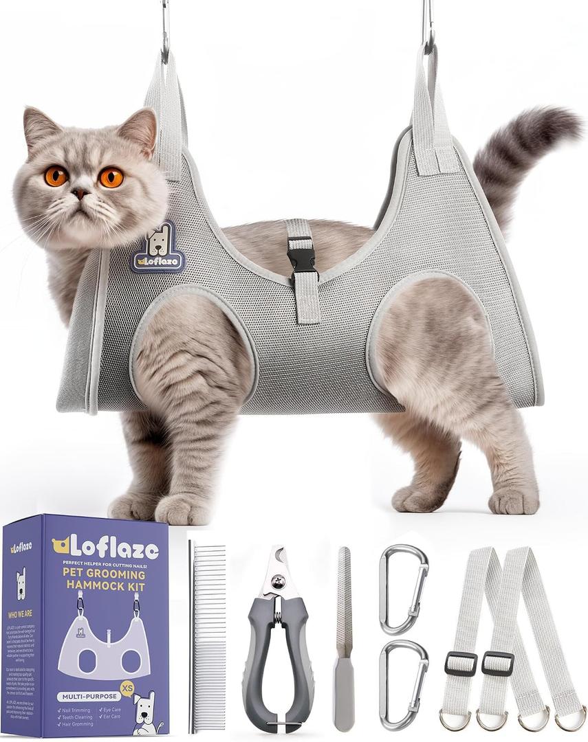 Loflaze Dog Grooming Hammock Harness for Dogs & Cats with Pet Nail Clipper Trimmer - Cat Hanger Sling for Trimming Clipping Nails- Dog Hammock Restraint Bag for Small Medium Large pet Grey XS