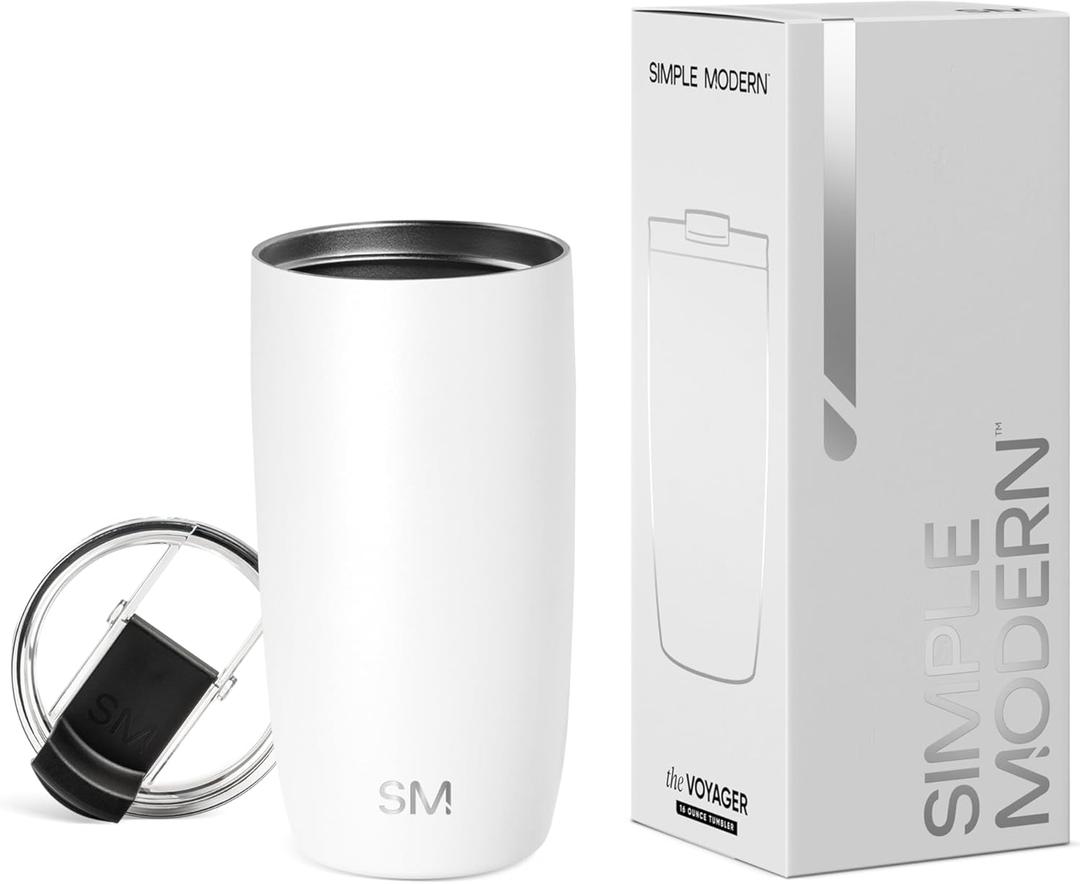 Simple Modern Travel Coffee Mug Tumbler with Flip Lid | Reusable Insulated Stainless Steel Cold Brew Iced Coffee Cup Thermos | Gifts for Women Men Him Her | Voyager Collection | 16oz | White