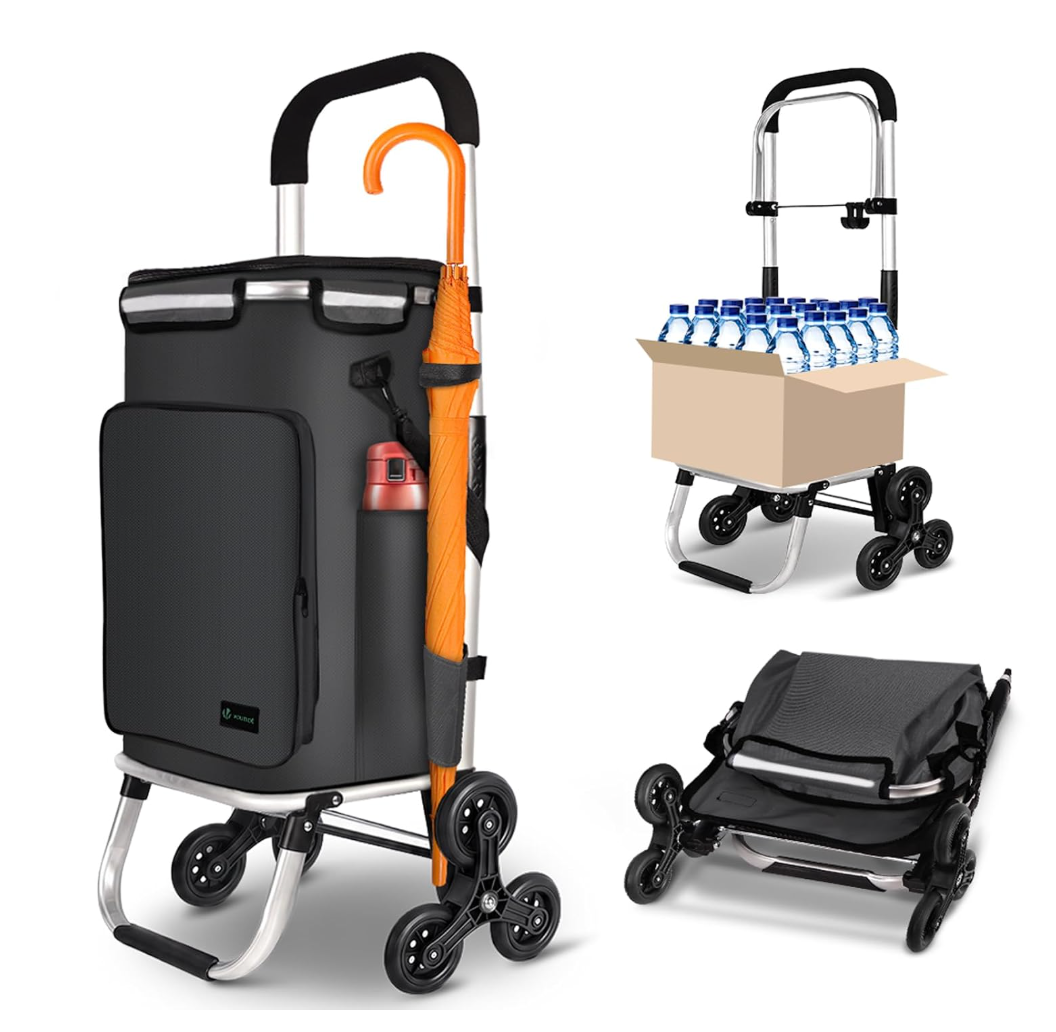  Folding Shopping Trolley on 6 Wheels, Aluminium Lightweight Shopping Cart with Insulated Cooling Bag, 2 Hooks, 2 Side Pockets, Stair Climbing Grocery Trolley