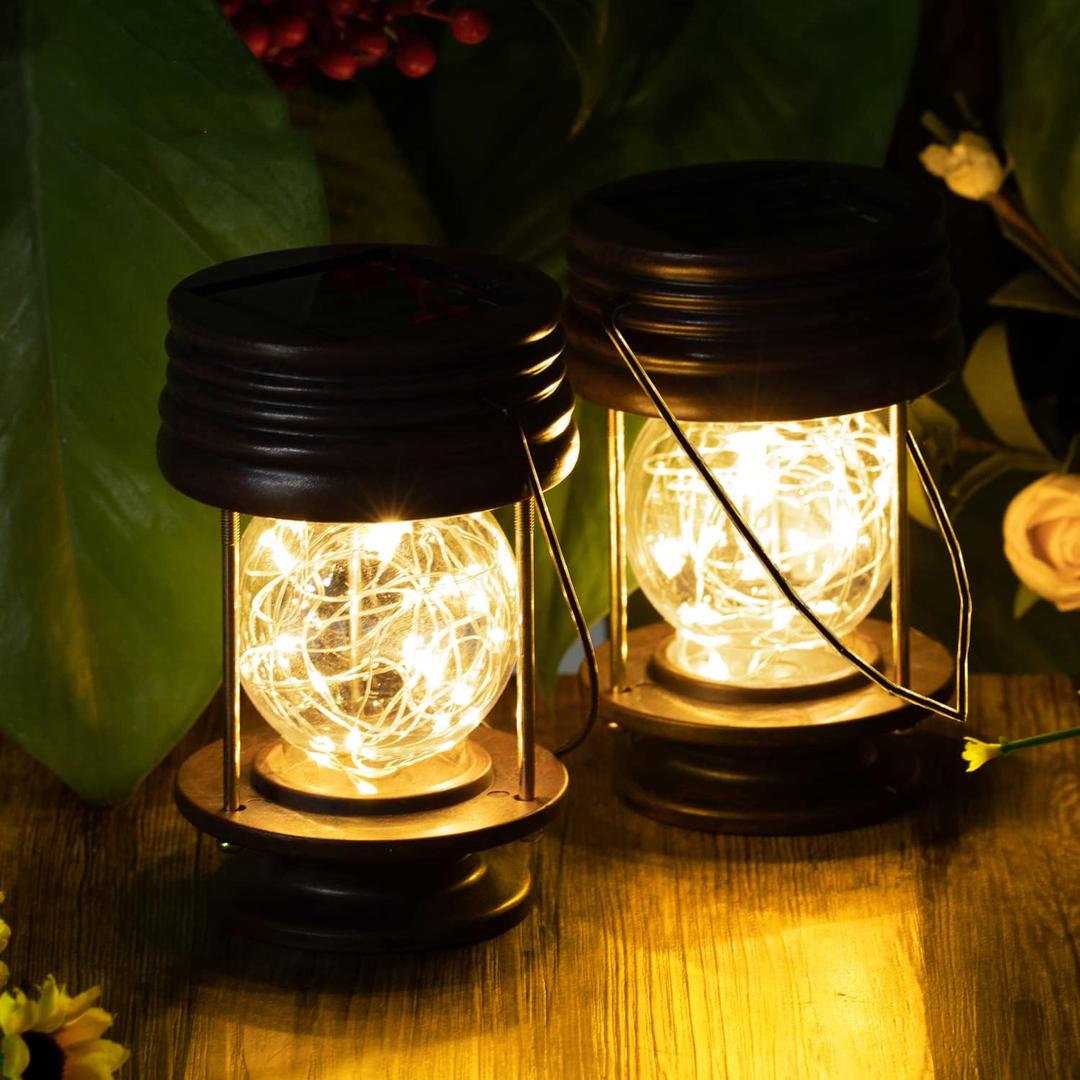 pearlstar Solar Lanterns Outdoor Hanging Solar Lights, 2PK Table Lamps with Retro Design, Garden Lantern Vintage Design for Landscape Yard Table Pathway Beach Decoration