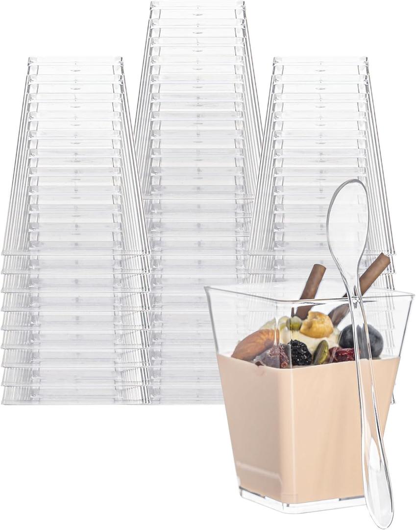 50 Pack 5oz Mini Dessert Cups with Soopns, Clear Square Dessert Bowls Small Plastic Yogurt Parfait Cups Appetizer Cup for Wedding Party