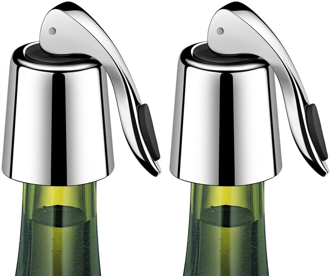 ERHIRY Wine Stoppers Set of 2 - Stainless Steel Wine Bottle Stopper with Silicone Seal, Reusable Beverage Preserver, Freshness Keeper, Premium Bottle Sealers, Ideal Wine Saver Accessory Gift Set (2 PACK - Silver)